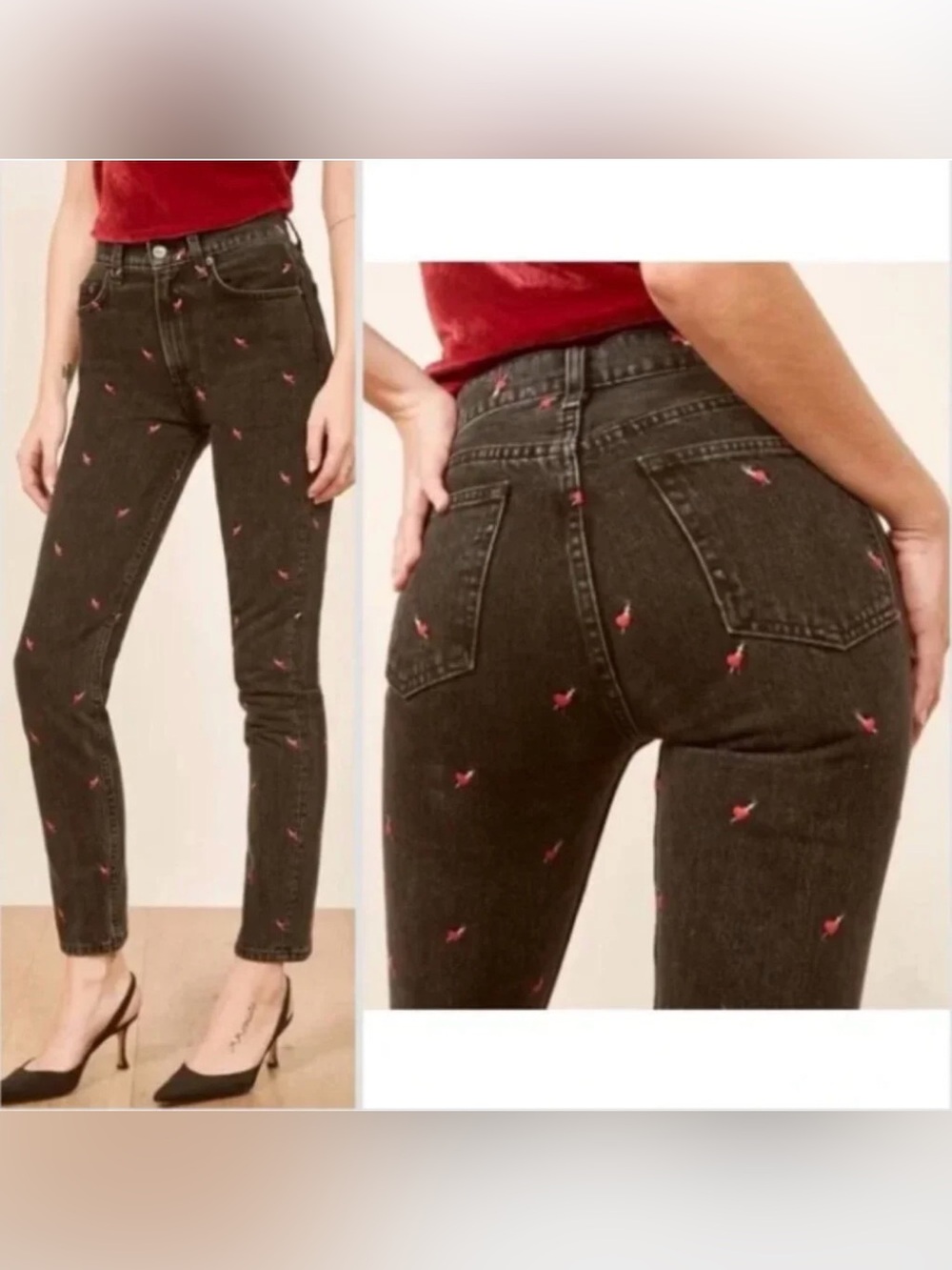 Reformation Charcoal Skinny Jeans with Pink Embroidery